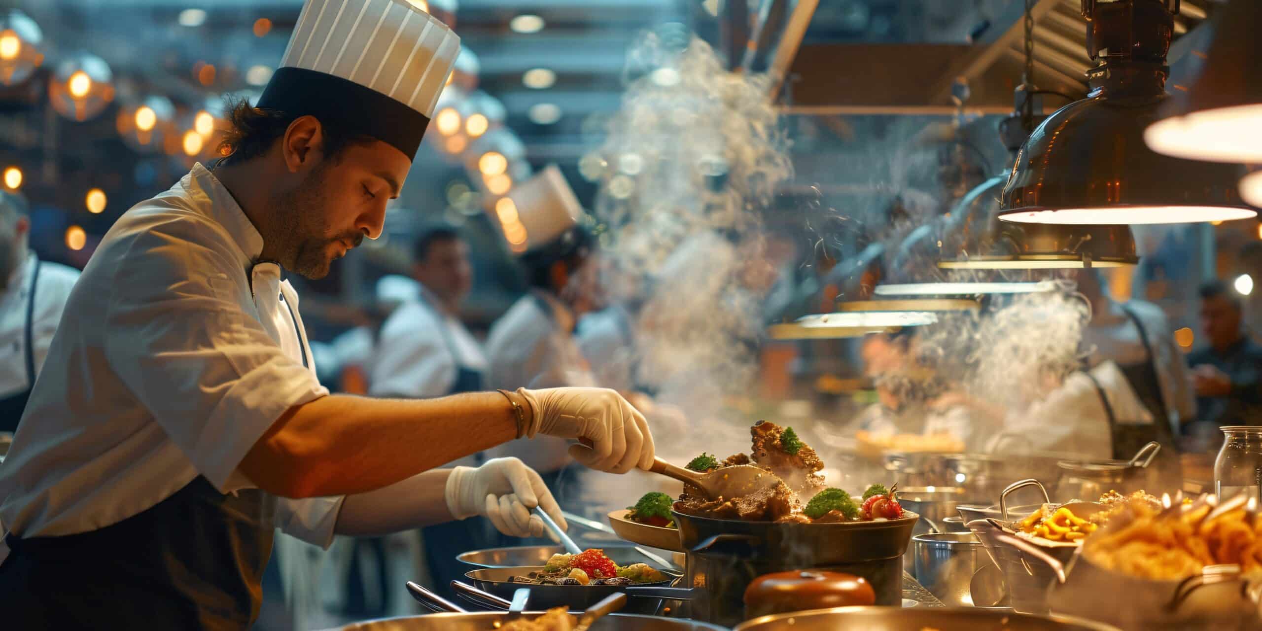 Dans la cuisine animée d'un restaurant, un chef prépare des plats, vêtu d'un uniforme blanc et d'une toque, tandis que de la vapeur s'échappe des casseroles et des assiettes remplies de plats colorés qui l'entourent. D'autres chefs s'affairent à l'arrière-plan.