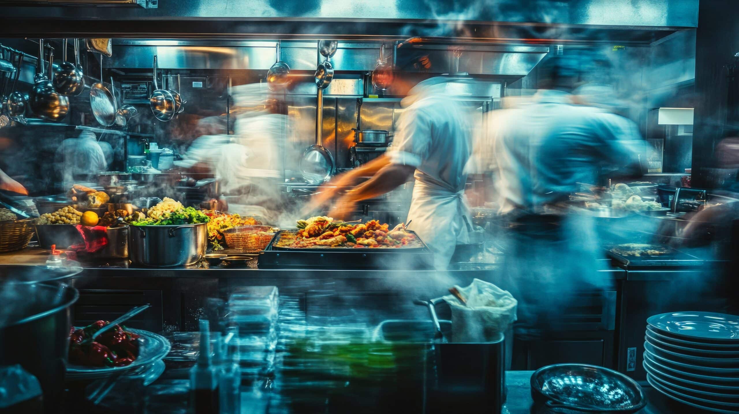 Des chefs en tenue blanche s'affairent dans une cuisine animée et pleine de vapeur, préparant des plats au milieu des casseroles, des assiettes et des paniers remplis d'ingrédients. Le flou de mouvement rend bien le rythme effréné de cet environnement.