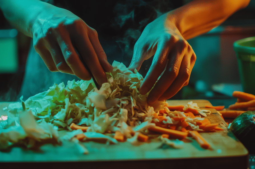Des mains en train de couper du chou et d'émincer des carottes sur une planche à découper en bois, entourées de légumes coupés, sous un éclairage chaleureux et coloré, dans une cuisine.