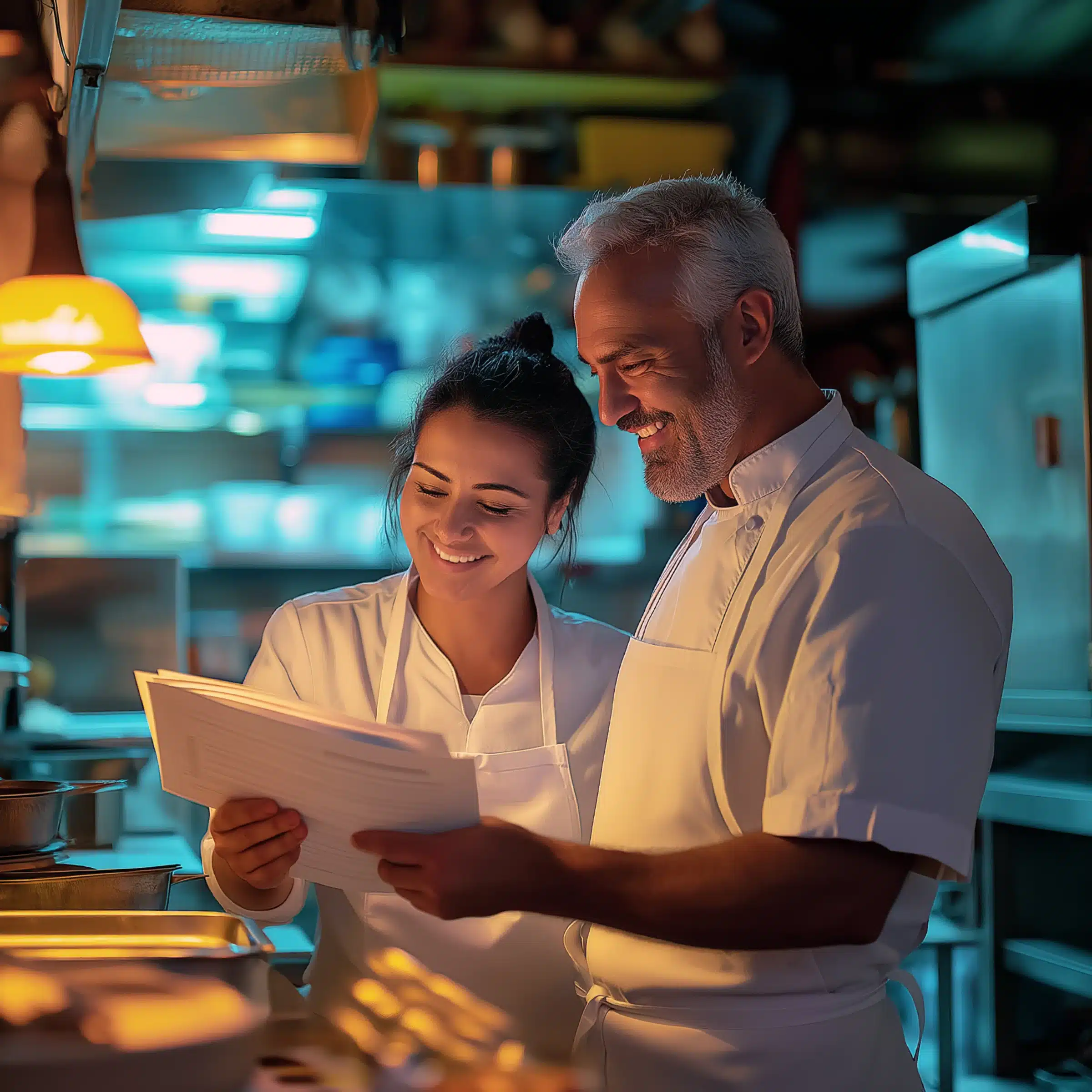 Deux chefs, dans une cuisine baignée d'une lumière chaleureuse, sourient en consultant ensemble des documents, sans doute des recettes ou des commandes, ce qui suggère un esprit d'équipe et une ambiance positive dans un cadre culinaire professionnel.