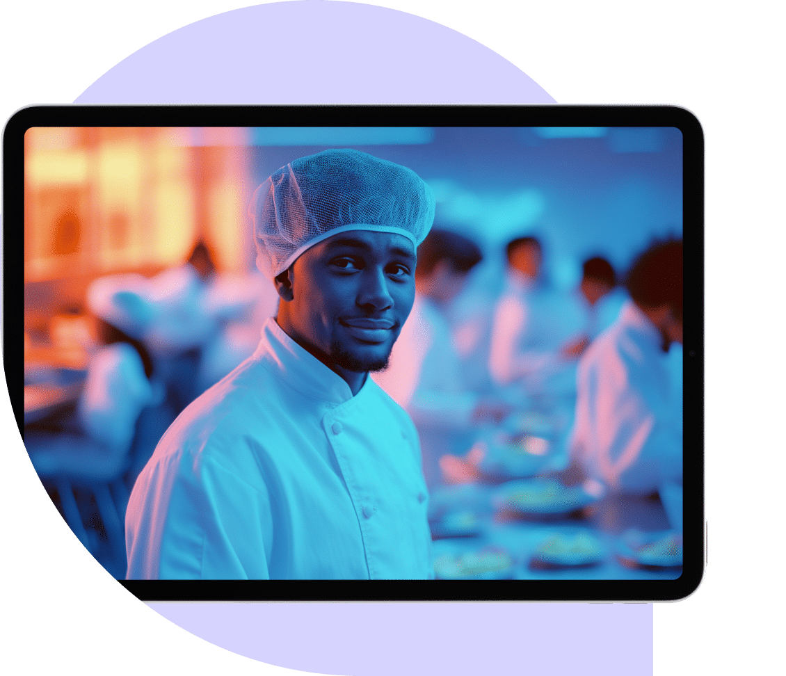 Un chef, vêtu d'un uniforme blanc et d'une charlotte, se tient debout dans une cuisine animée et regarde la caméra. D'autres chefs s'affairent à l'arrière-plan, et la scène est visible sur l'écran d'une tablette.