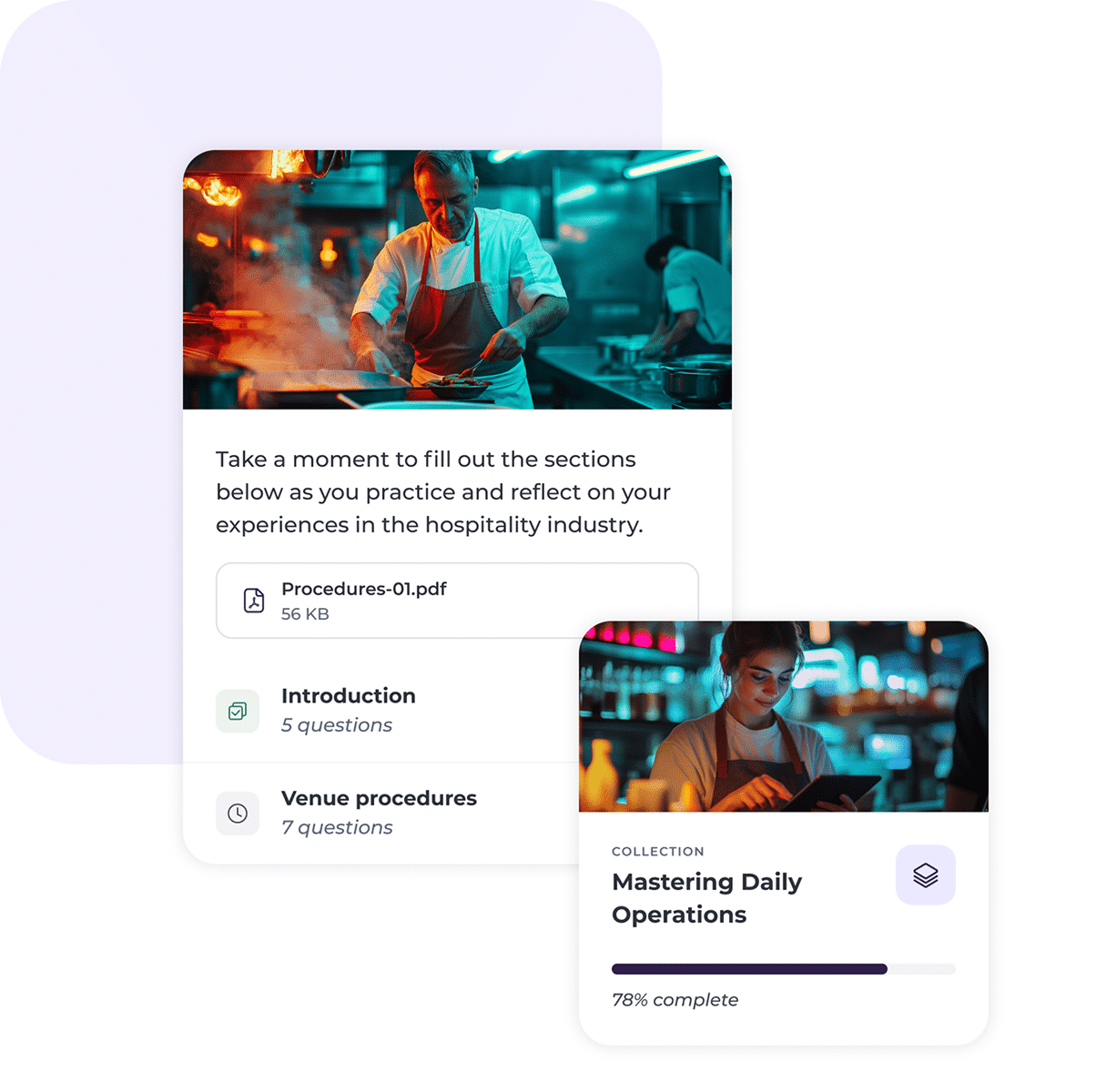 Two app cards show a chef cooking in a kitchen and a woman reading in a café. The cards showcase “Procedures-01.pdf” with questions, and “Mastering Daily Operations” at 78%—all powered by compliant hospitality communication software.