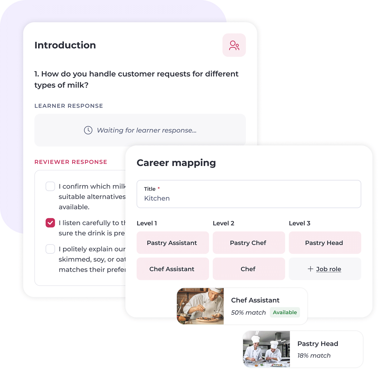A digital interface using compliant hospitality communication software displays a learning module on handling customer milk requests and a career mapping tool highlighting kitchen roles, job levels, and match rates for Chef Assistant and Pastry Head posts.