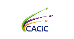 Logo with the text CACiC in blue. Three swooshes—green, purple, and orange—arc above the text, each ending in an arrowhead pointing upwards and to the right. Ideal for Hospitality Development Services, set against a light grey background.