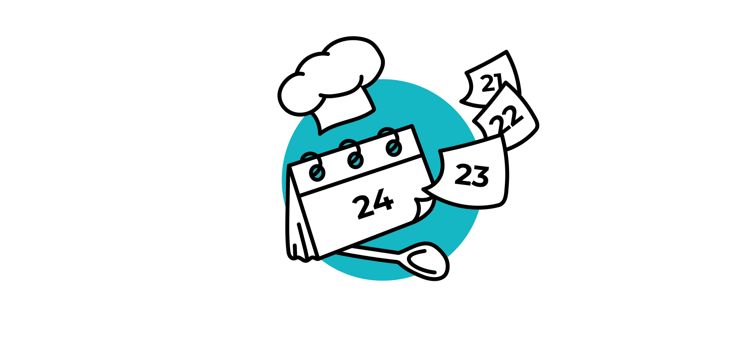 Un calendario en el que se ve el día 24, con las páginas del 21, 22 y 23 arrancadas, un gorro de chef y una cuchara, todo ello sobre un fondo circular azul.