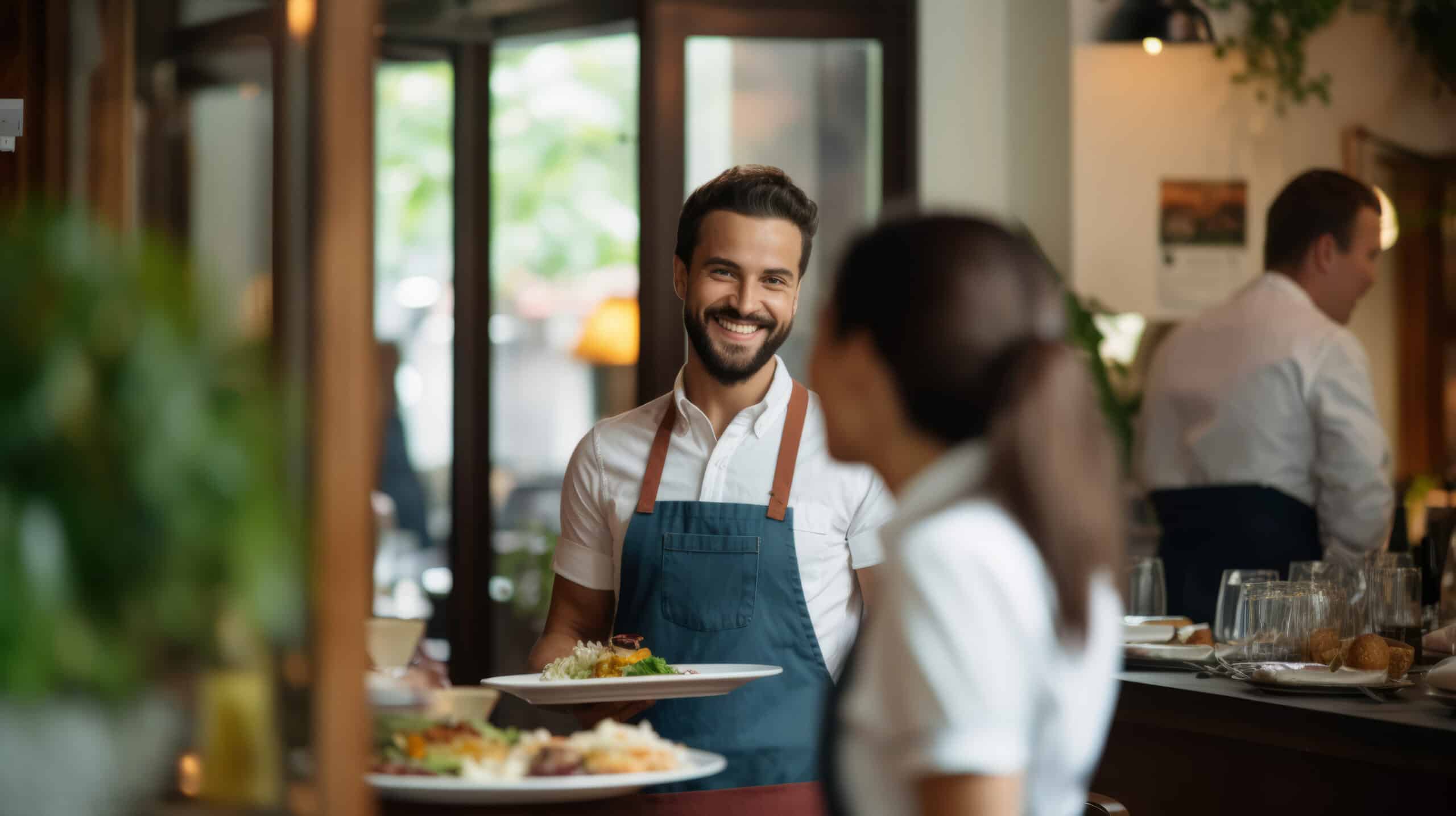 Un camarero sonriente, con un delantal azul, sostiene un plato con comida y charla con un compañero de trabajo en el interior de un restaurante. Al fondo se ve al resto del personal y mesas con platos.