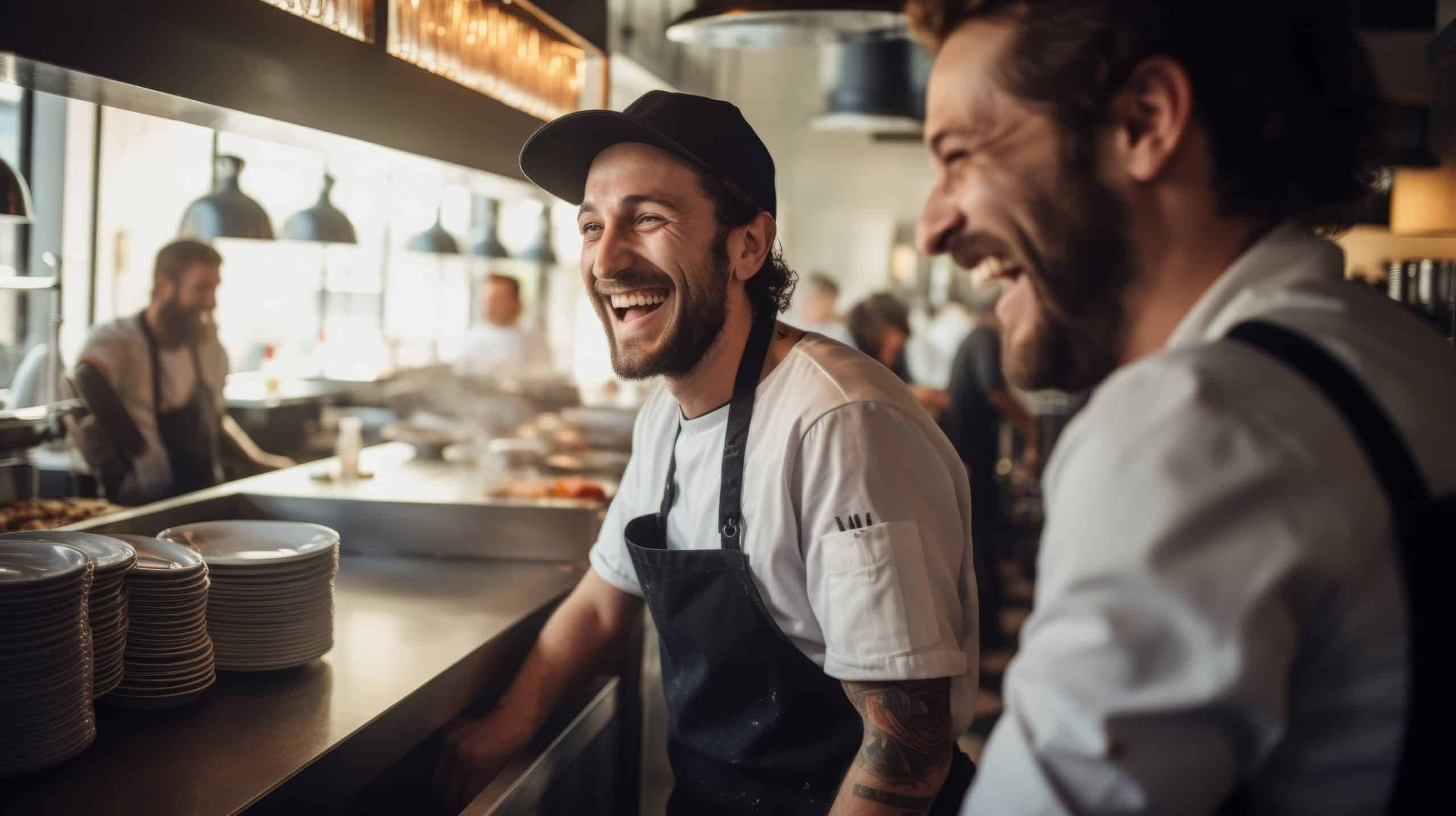 Dos chefs, con delantal y gorro, se ríen juntos en una cocina moderna y ajetreada, con pilas de platos y otros miembros del personal trabajando al fondo. La luz del sol entra por los grandes ventanales, creando un ambiente cálido y animado.