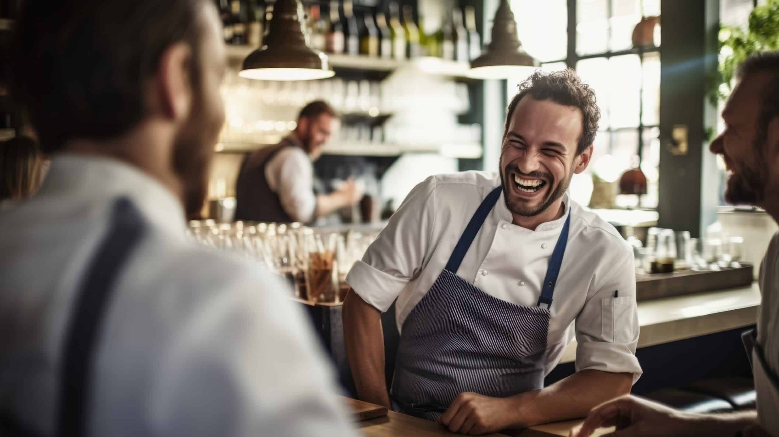 Un chef con delantal se ríe con dos compañeros en un bar o restaurante, con vasos y botellas al fondo, creando un ambiente animado y alegre.