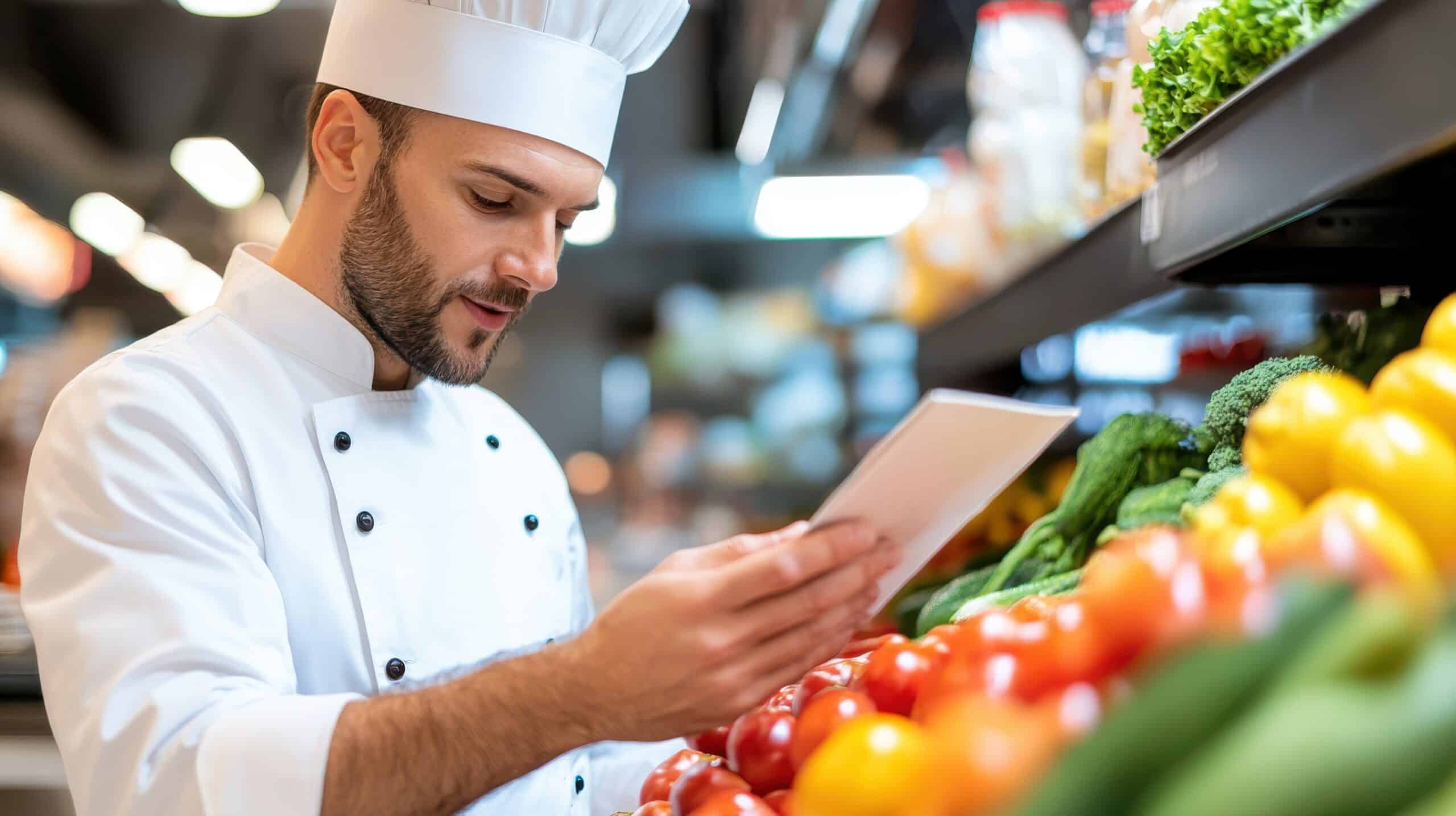 Un cocinero, vestido con uniforme blanco y gorro, consulta una tableta mientras se encuentra junto a un expositor de verduras frescas, entre las que se incluyen tomates y verduras de hoja, en una tienda de alimentación o un mercado.