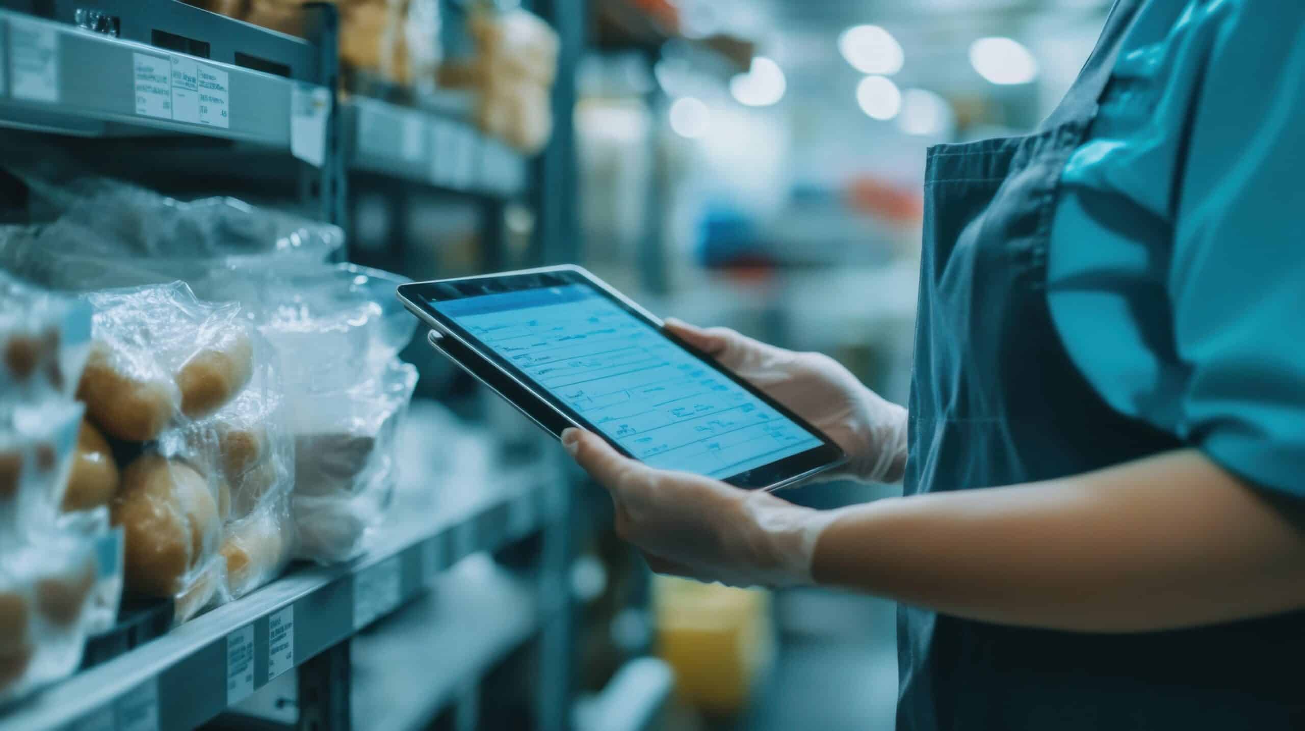 Una persona con uniforme azul utiliza una tableta para comprobar el inventario en las estanterías repletas de productos envasados en un almacén.