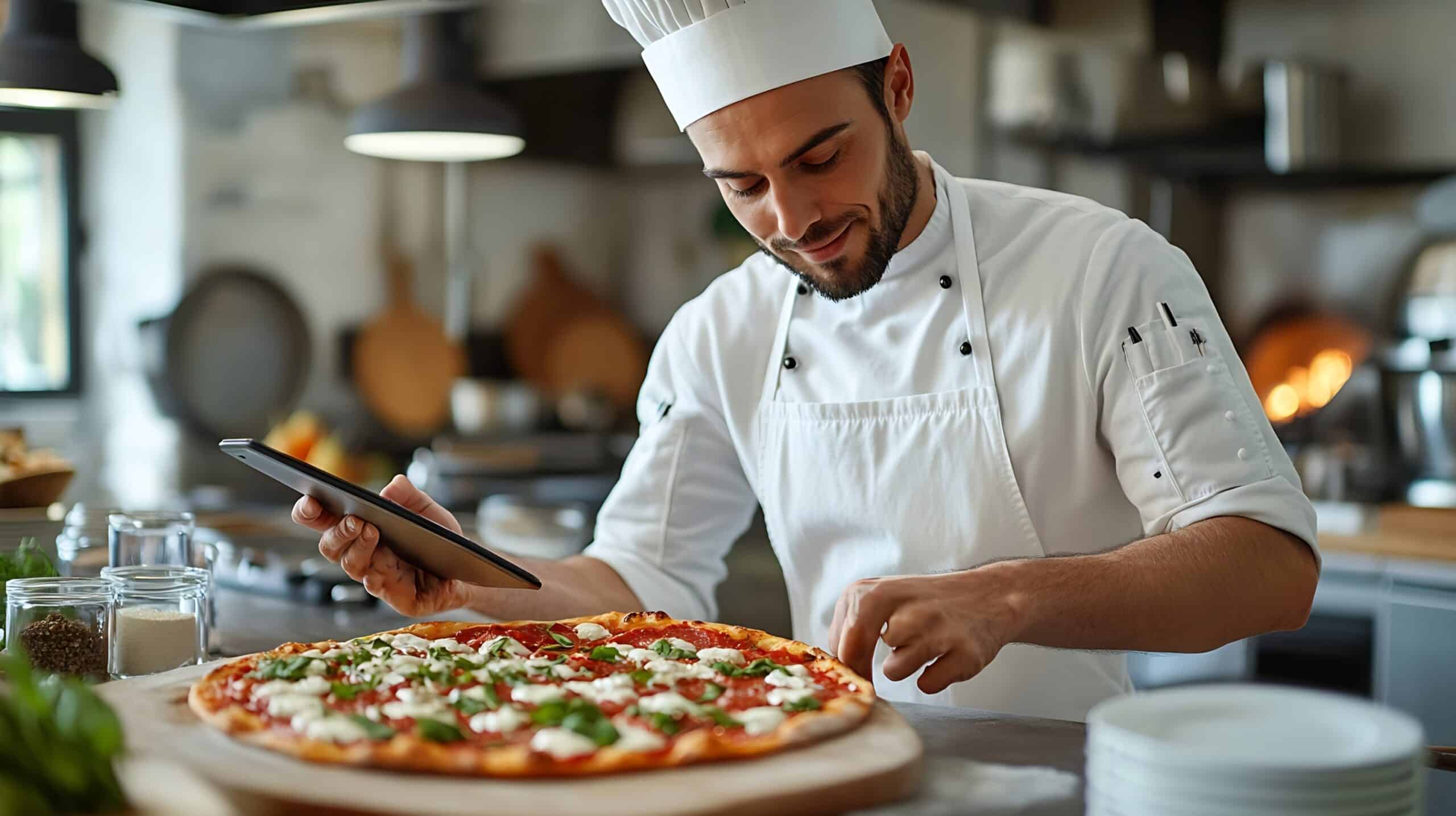 Un chef, vestido con uniforme blanco y gorro de chef, decora una pizza recién hecha sobre una tabla de madera mientras sostiene un smartphone en una cocina moderna.