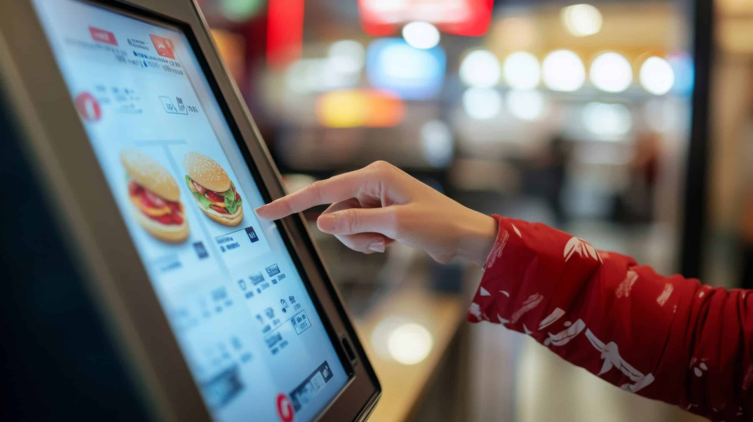 Una persona con una manga roja utiliza un quiosco con pantalla táctil para pedir comida; en la pantalla se muestran las opciones de hamburguesas en el ambiente de un restaurante de comida rápida.