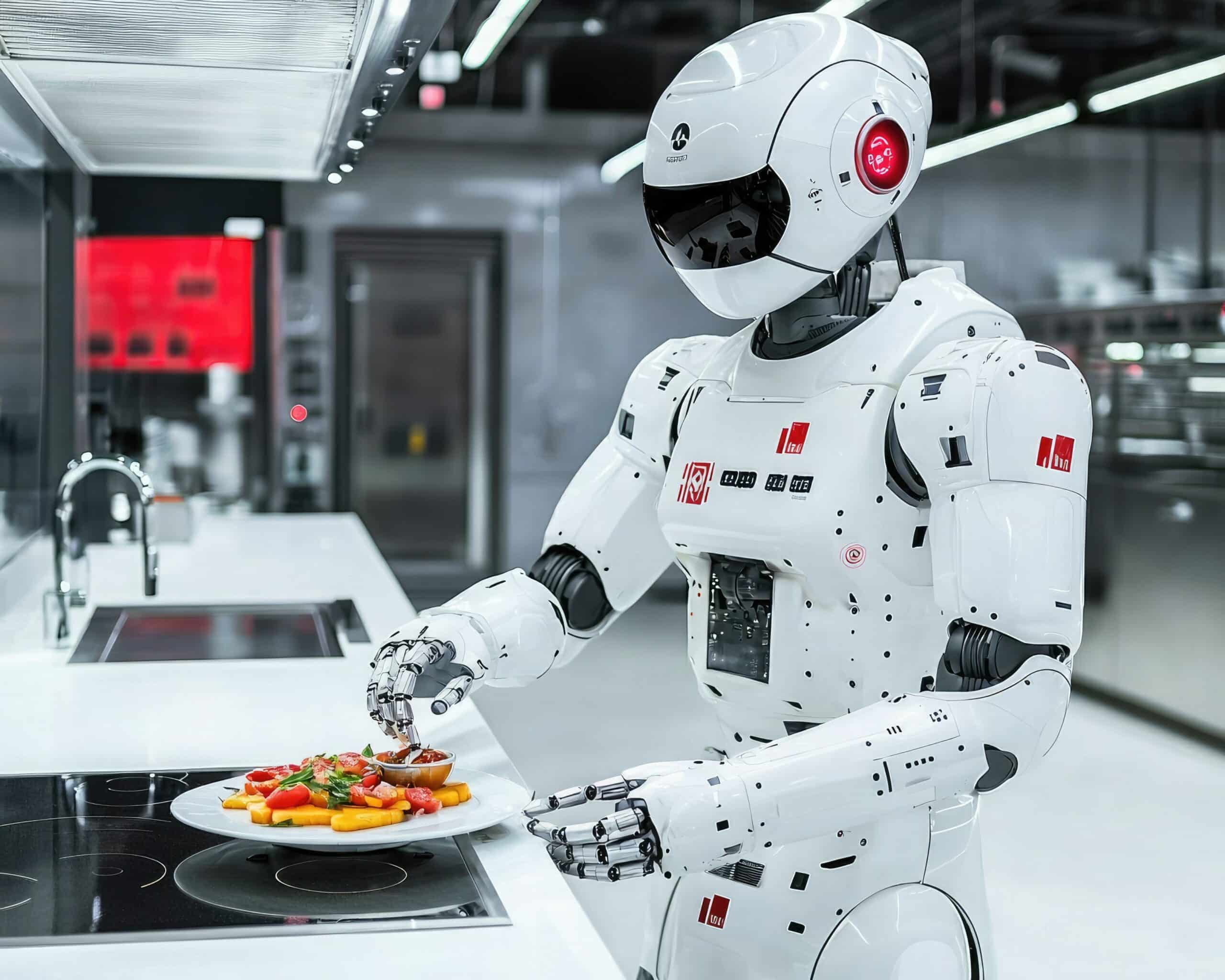 Un robot humanoide blanco prepara un plato de comida lleno de colores en una cocina moderna y elegante, con superficies brillantes y electrodomésticos de acero inoxidable.