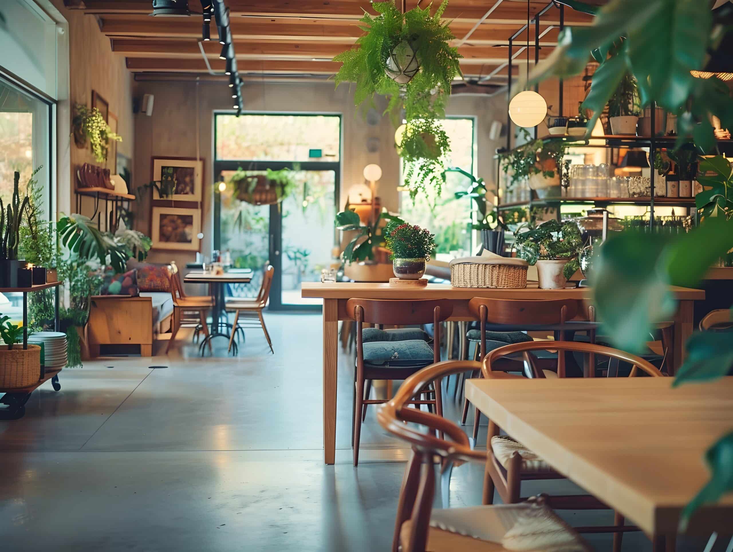 El interior de una acogedora cafetería, con mesas y sillas de madera, grandes ventanales, plantas colgantes y luz natural, que crean un ambiente cálido y acogedor. El espacio está decorado con plantas y mobiliario moderno.