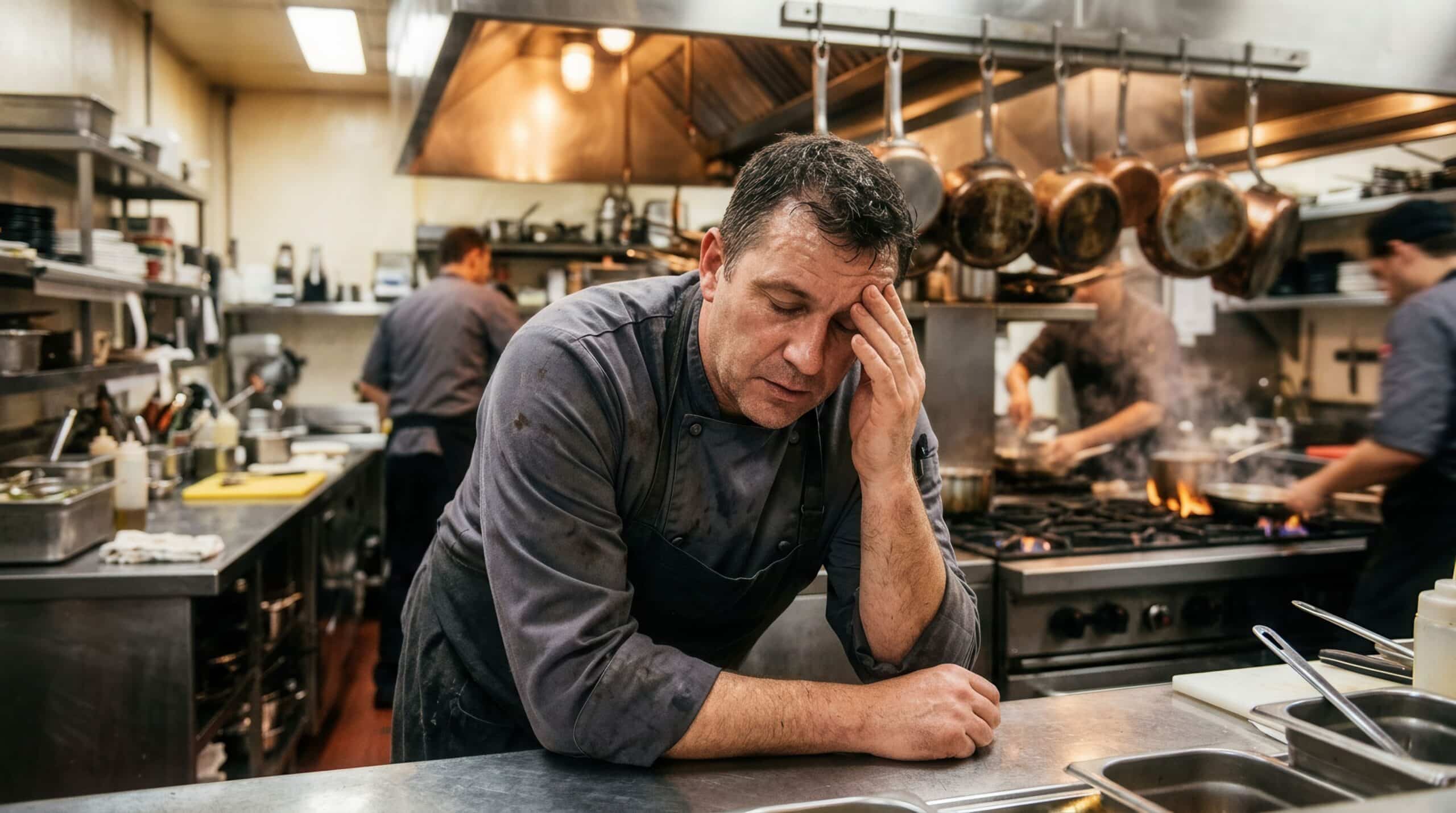 Un chef en la ajetreada cocina de un restaurante apoya la cabeza en la mano, con aspecto cansado y estresado, mientras otros cocineros trabajan al fondo, cerca de los fogones y las ollas colgadas.