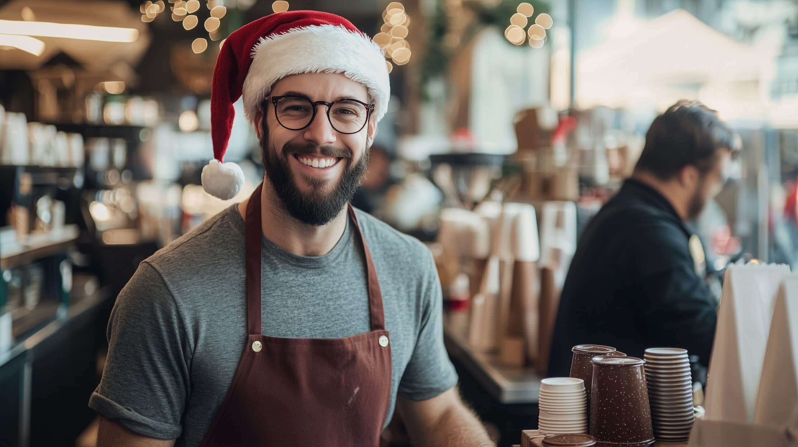 Un barista sonriente, con un gorro de Papá Noel y gafas, está de pie detrás de la barra de una cafetería festiva, con una iluminación cálida y decorada con luces navideñas.