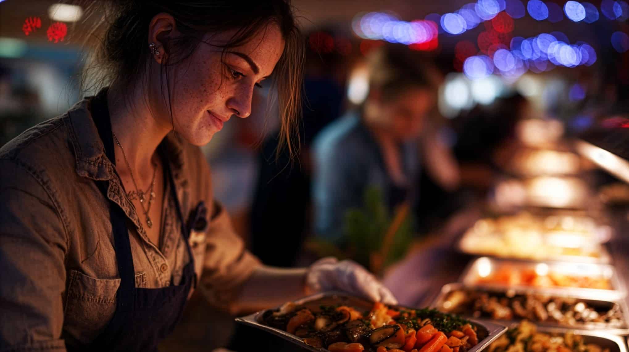 Una mujer con guantes sirve comida en una bandeja en un bufé. El fondo está suavemente iluminado con luces azules y rojas, y se ve a más gente sirviéndose.