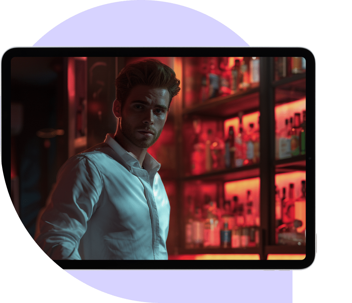Un hombre con camisa blanca está de pie frente a una barra con estantes llenos de botellas, iluminada por una cálida luz roja, vista a través de la pantalla de una tableta.