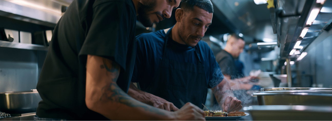 Dos cocineros en una cocina industrial se concentran en emplatar la comida, mientras el vapor se eleva del plato. El resto del personal trabaja al fondo, rodeado de equipos de acero inoxidable.