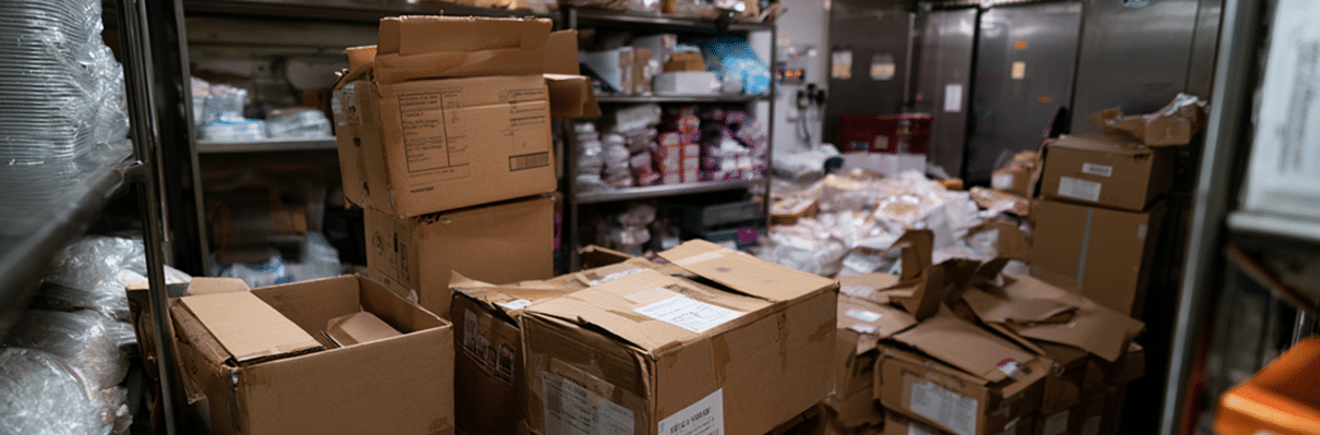 Un trastero lleno de cajas de cartón apiladas y esparcidas, algunas abiertas y aplastadas, con estanterías y productos empaquetados a lo largo de las paredes y en el suelo.