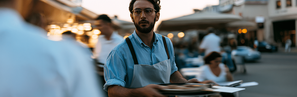 Un camarero con gafas y delantal lleva platos con comida en un restaurante al aire libre durante la puesta de sol, con personas y mesas borrosas al fondo.