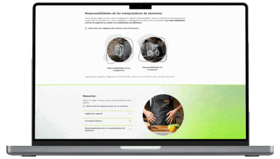 Un ordenador portátil muestra una página web en español sobre las responsabilidades de los manipuladores de alimentos, en la que aparecen ilustraciones de alimentos, puntos clave y una foto de unas manos preparando verduras sobre una tabla de cortar.