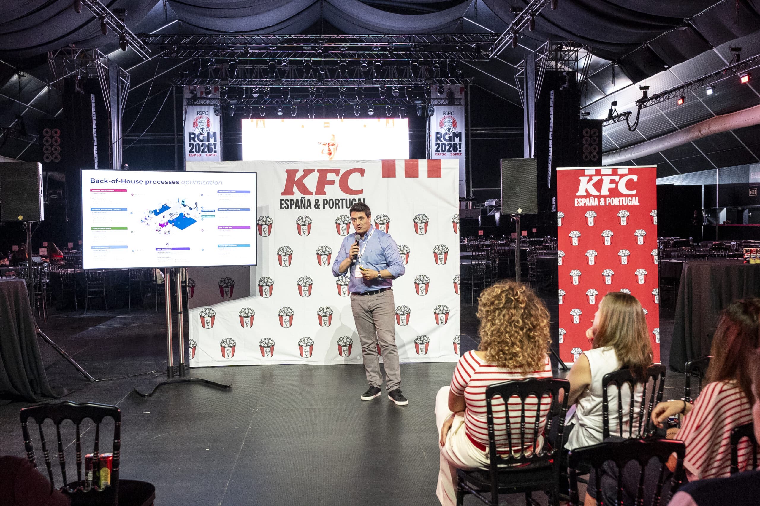 Un hombre aparece junto a una pantalla en la que se muestra un diagrama de los procesos de «Back-of-House» en un evento de KFC España y Portugal, mientras varias personas sentadas delante observan y toman notas en el interior de un gran recinto.