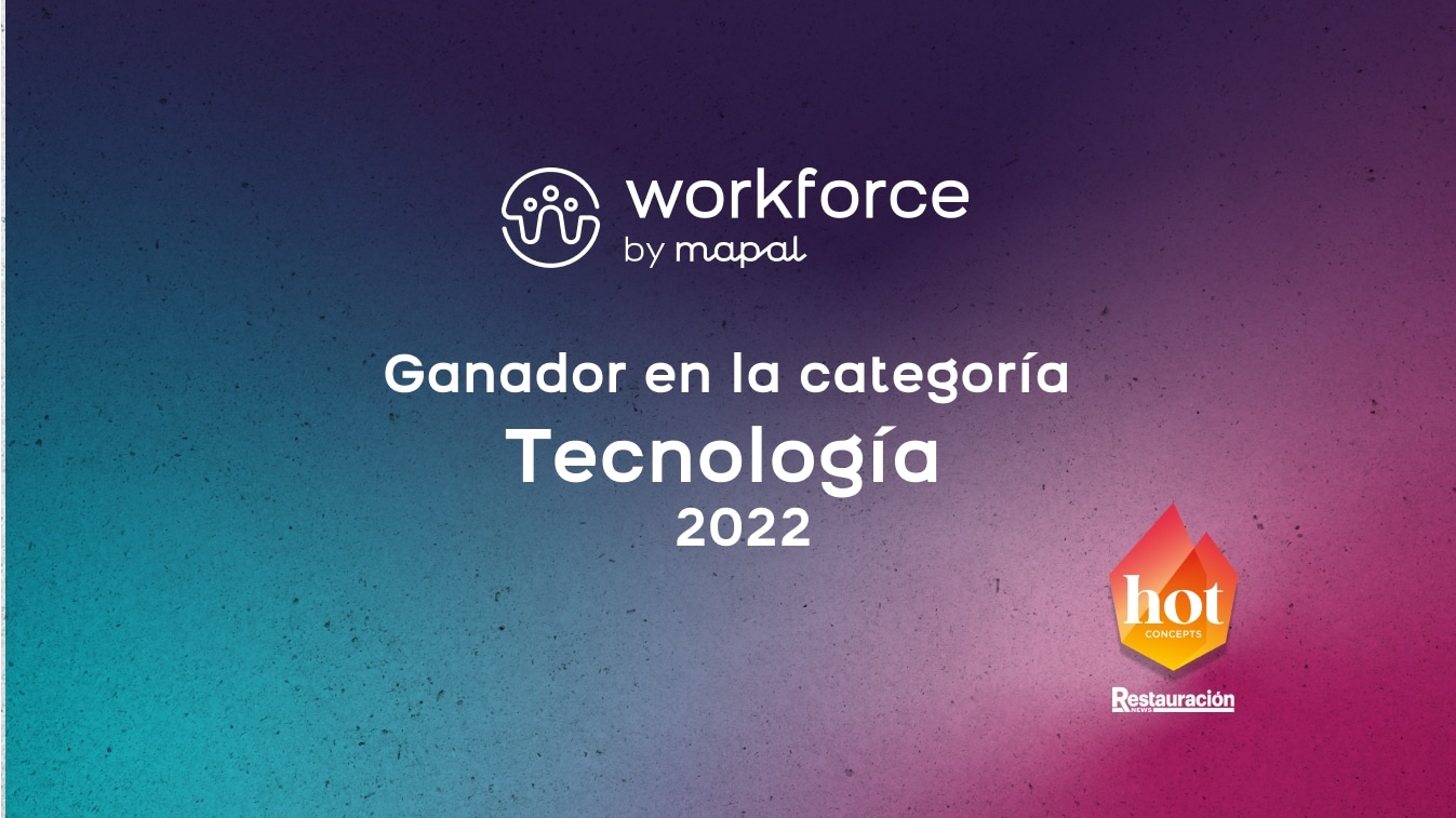 Workforce de MAPAL, ganador en la categoría «Tecnología 2022» de los premios Hot Concepts, sobre un fondo con degradado azul y rosa.
