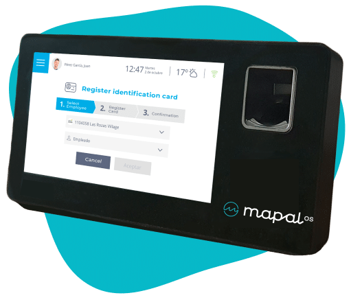 Un dispositivo electrónico negro con pantalla táctil en la que se muestra una interfaz de registro de tarjetas de identificación de empleados. El dispositivo lleva el logotipo de Mapal OS y cuenta con un lector de huellas dactilares en el lateral derecho.
