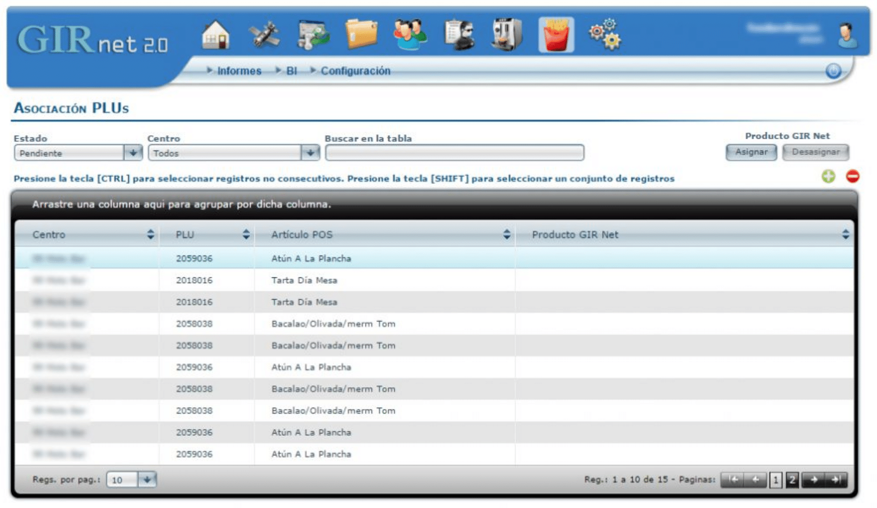 Una captura de pantalla del software GIRnet 2.0 en la que se muestra una tabla con productos alimenticios como el «Atún a la plancha» y la «Tarta Dos Medes», junto con los códigos correspondientes, los filtros y las opciones de navegación en la parte superior.