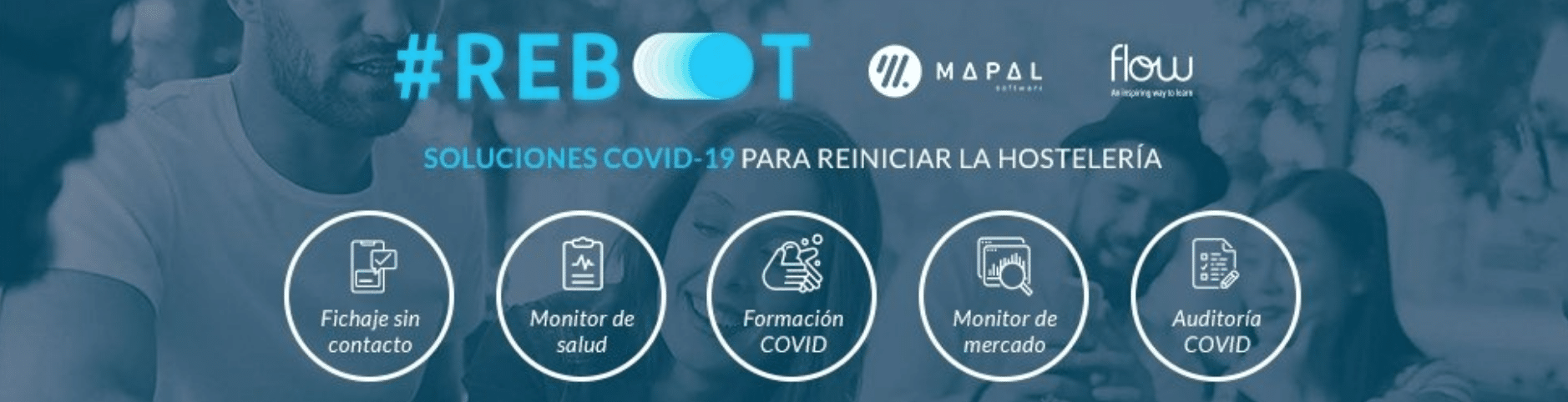 Cartel que promociona soluciones contra la COVID-19 para el sector hotelero, en el que aparecen la palabra «REBOOT» e iconos relacionados con el registro sin contacto, el seguimiento de la salud, la formación sobre la COVID-19, el seguimiento del mercado y la auditoría de la COVID-19.
