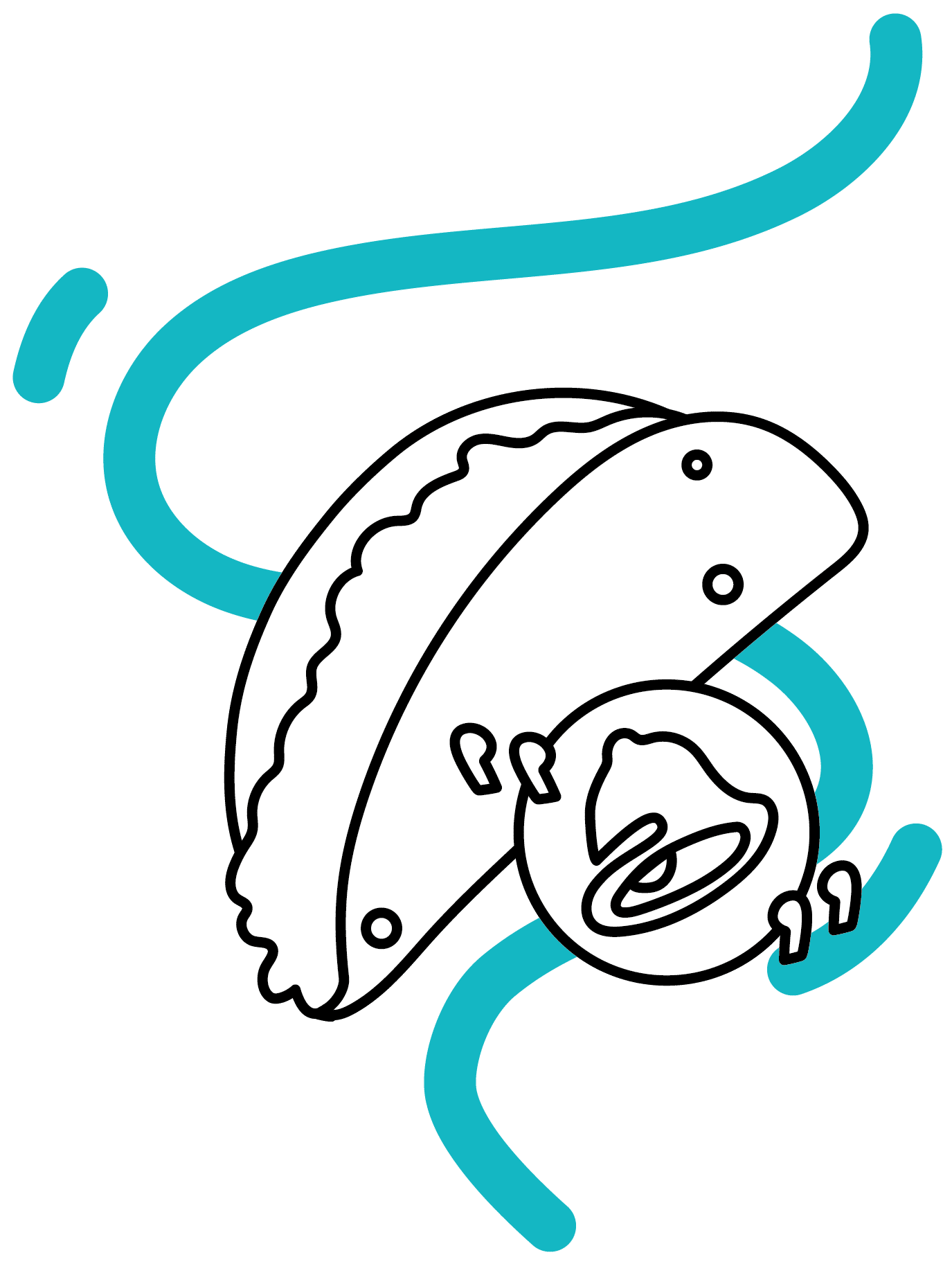 Un sencillo dibujo a trazo de un taco y el logotipo de Taco Bell sobre un fondo blanco, con líneas onduladas de color verde azulado en el fondo.
