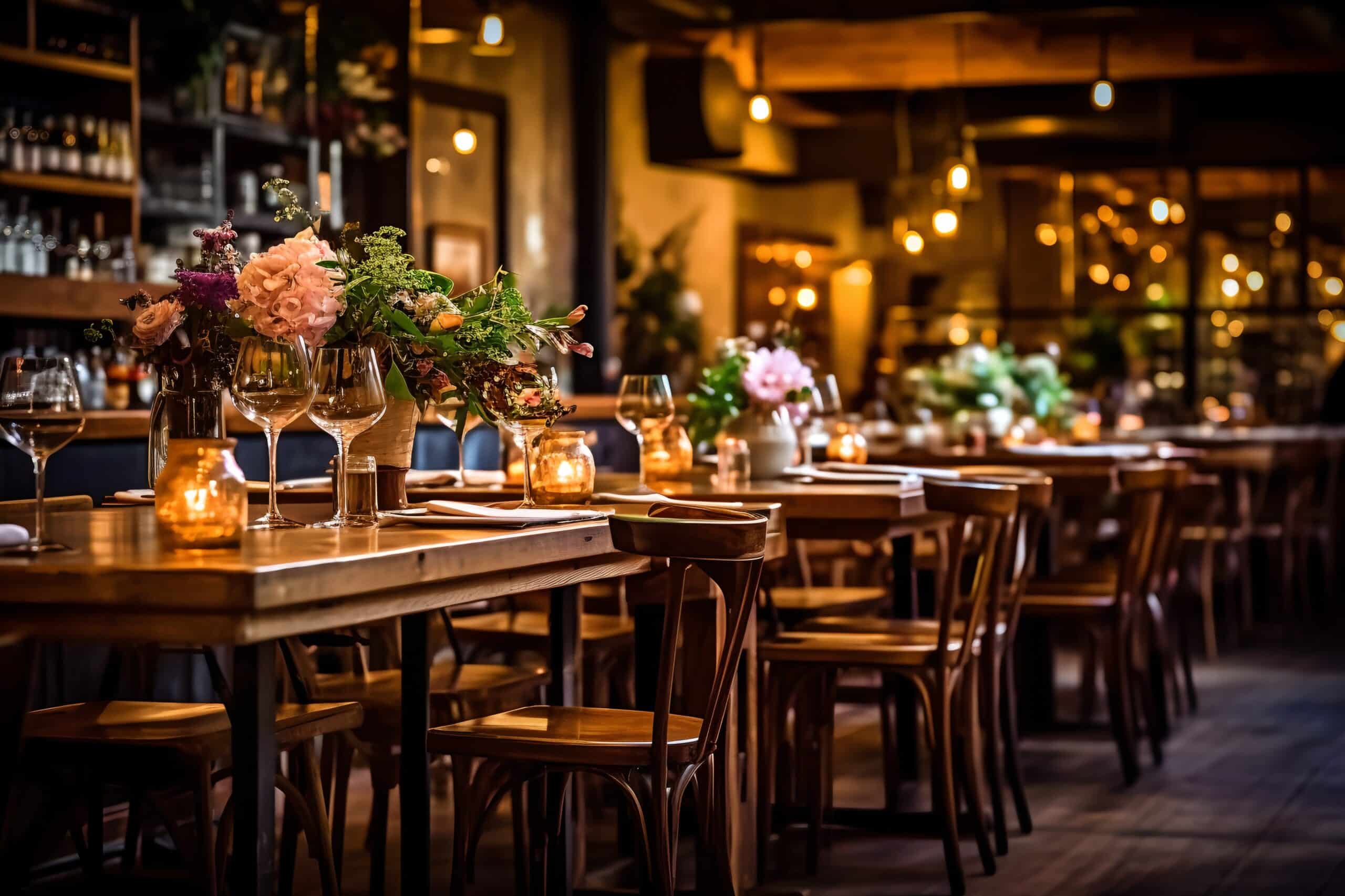 Un restaurante acogedor con mesas de madera, centros de mesa florales, copas de vino, velas y una cálida iluminación ambiental, que crean un ambiente acogedor y elegante.