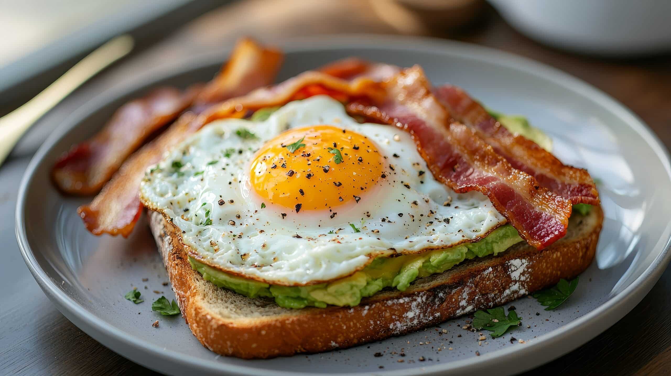 Una rebanada de pan tostado con puré de aguacate, un huevo frito y tiras de beicon crujiente, adornada con hierbas aromáticas y servida en un plato gris.