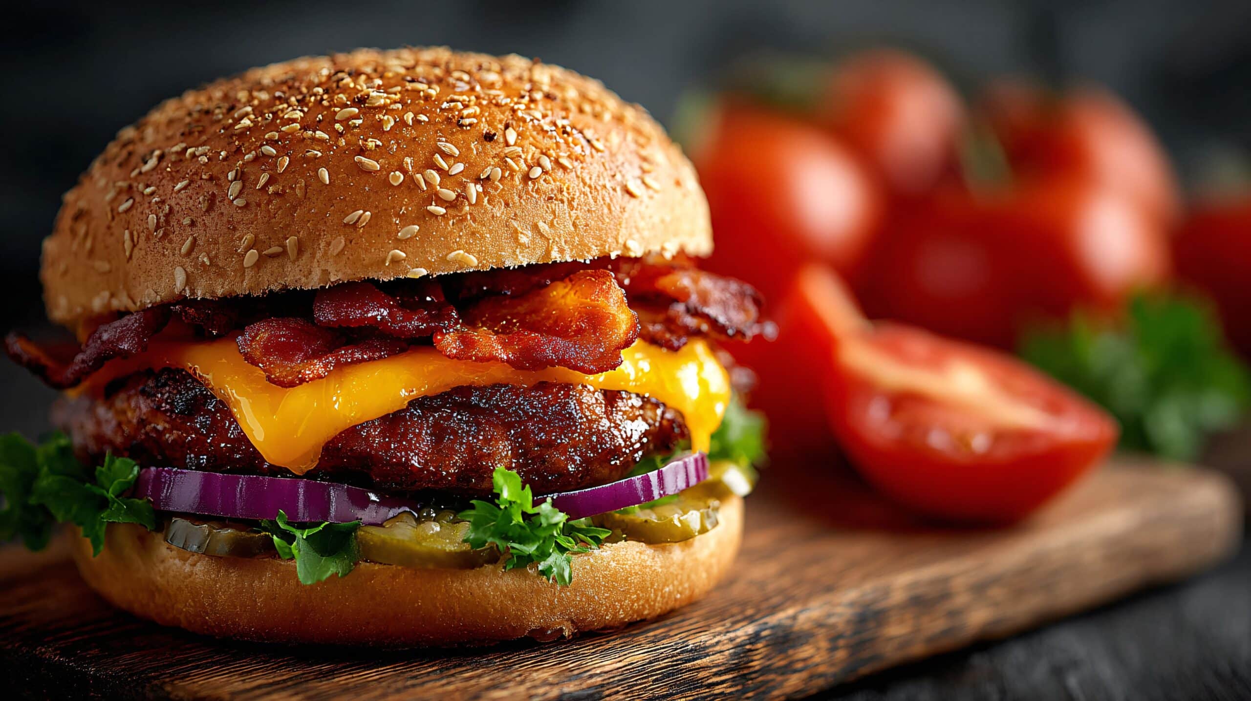 Un primer plano de una hamburguesa con queso, beicon, queso cheddar, cebolla roja, pepinillos, lechuga y un panecillo con semillas de sésamo sobre una tabla de madera, con tomates frescos al fondo.