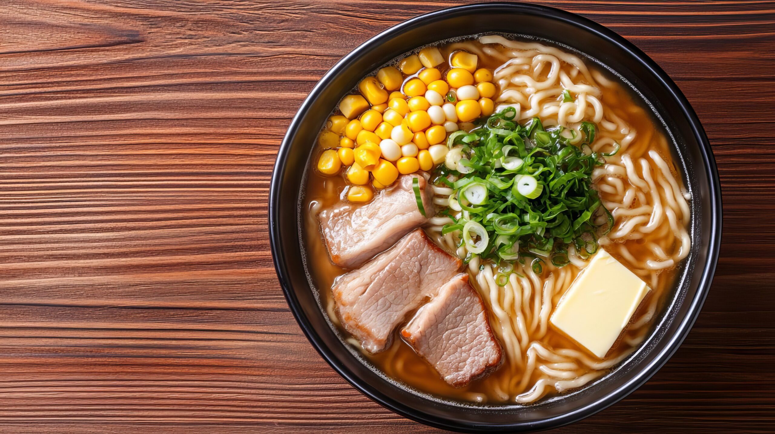 Un cuenco de ramen con fideos, lonchas de cerdo, maíz, cebollas verdes picadas y un trocito de mantequilla en el caldo, sobre una superficie de madera.