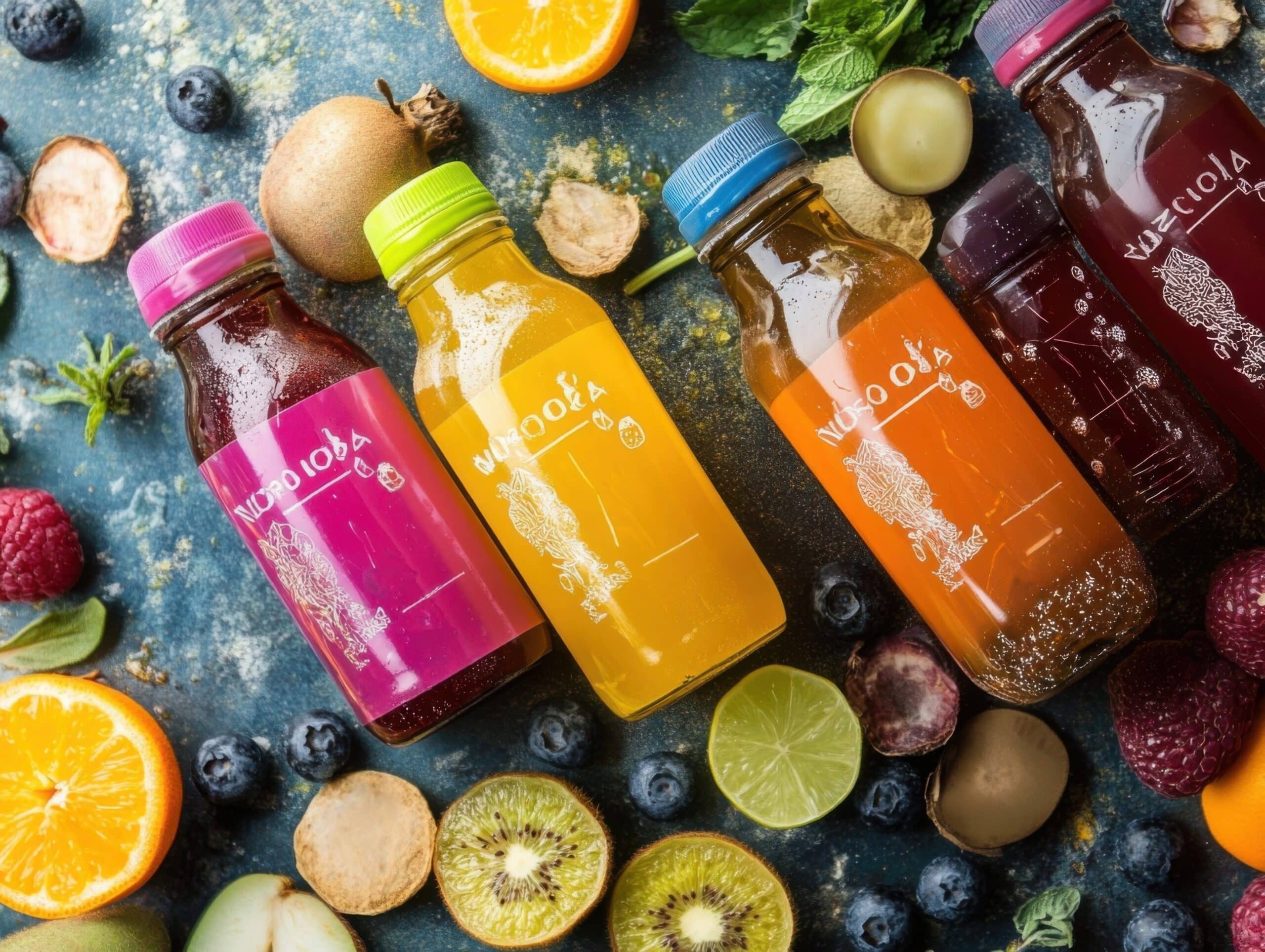 Cuatro botellas de zumo de colores vivos descansan entre una variedad de frutas, entre las que se incluyen naranjas, limas, kiwis, arándanos, uvas, frambuesas y fresas, sobre una superficie azul con textura.