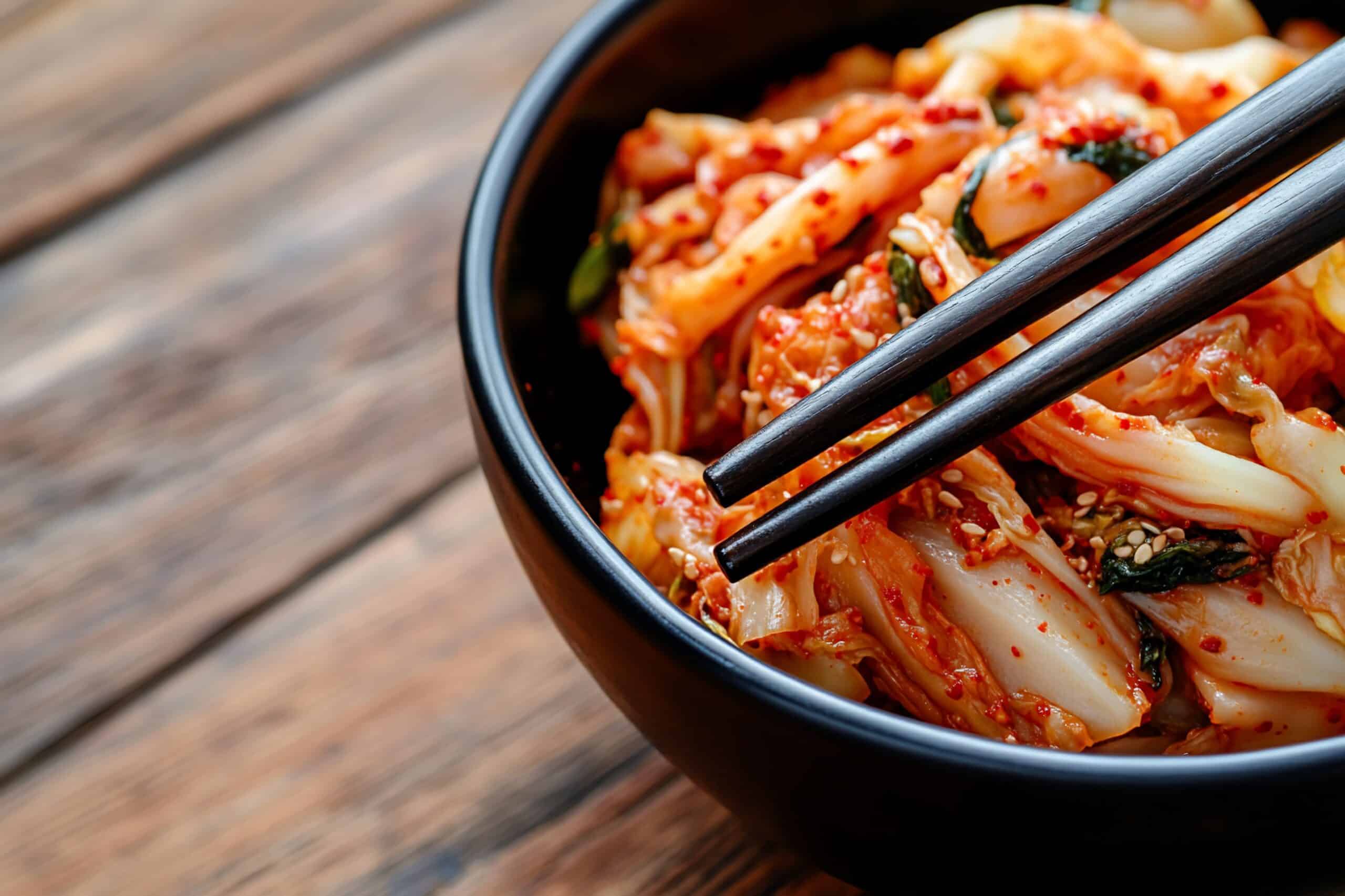 Un primer plano de unos palillos negros que sostienen kimchi sobre un cuenco negro lleno de más kimchi, colocado sobre una mesa de madera.