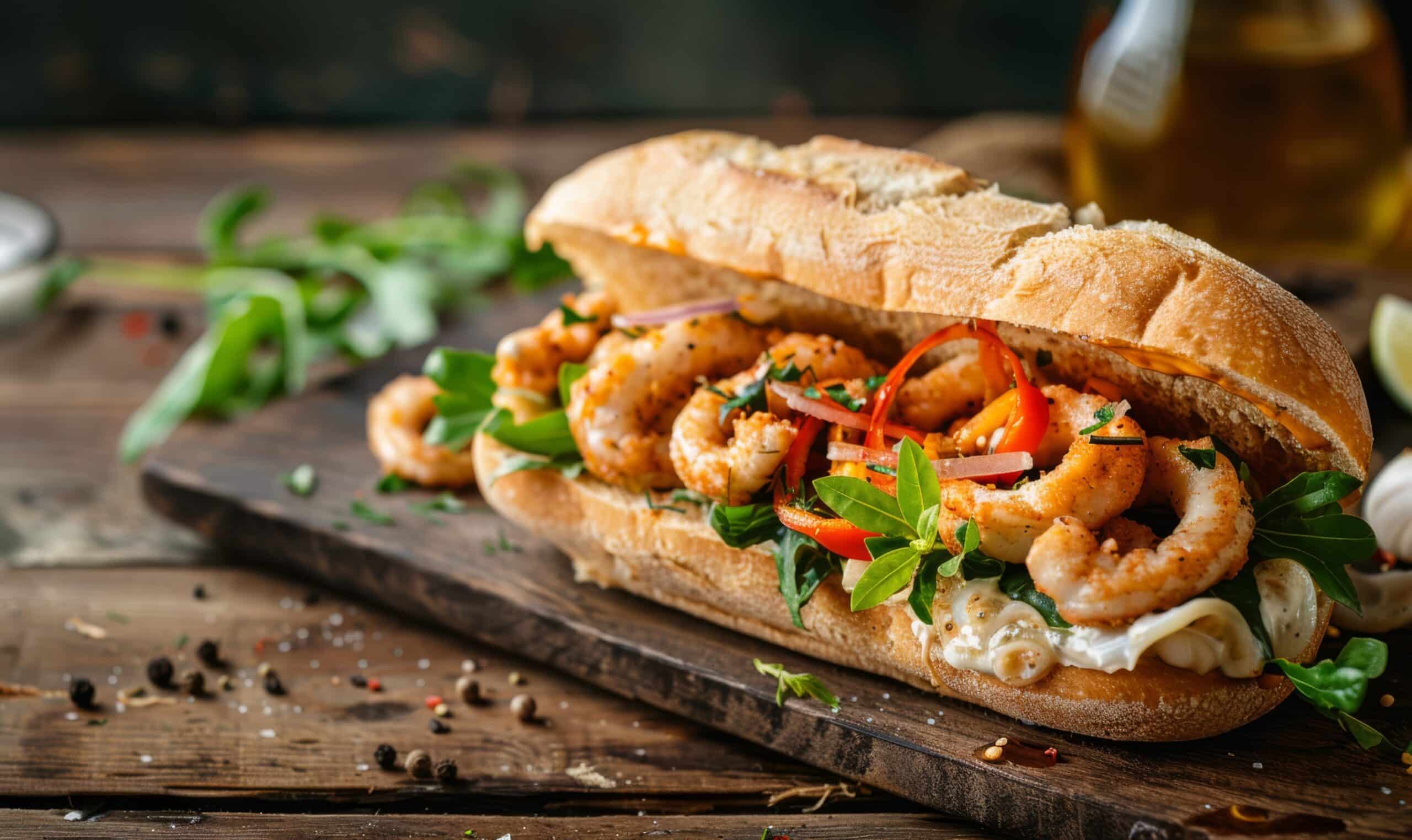 Un bocadillo de gambas con lechuga, tomate y hierbas en una baguette, servido en una tabla de madera.