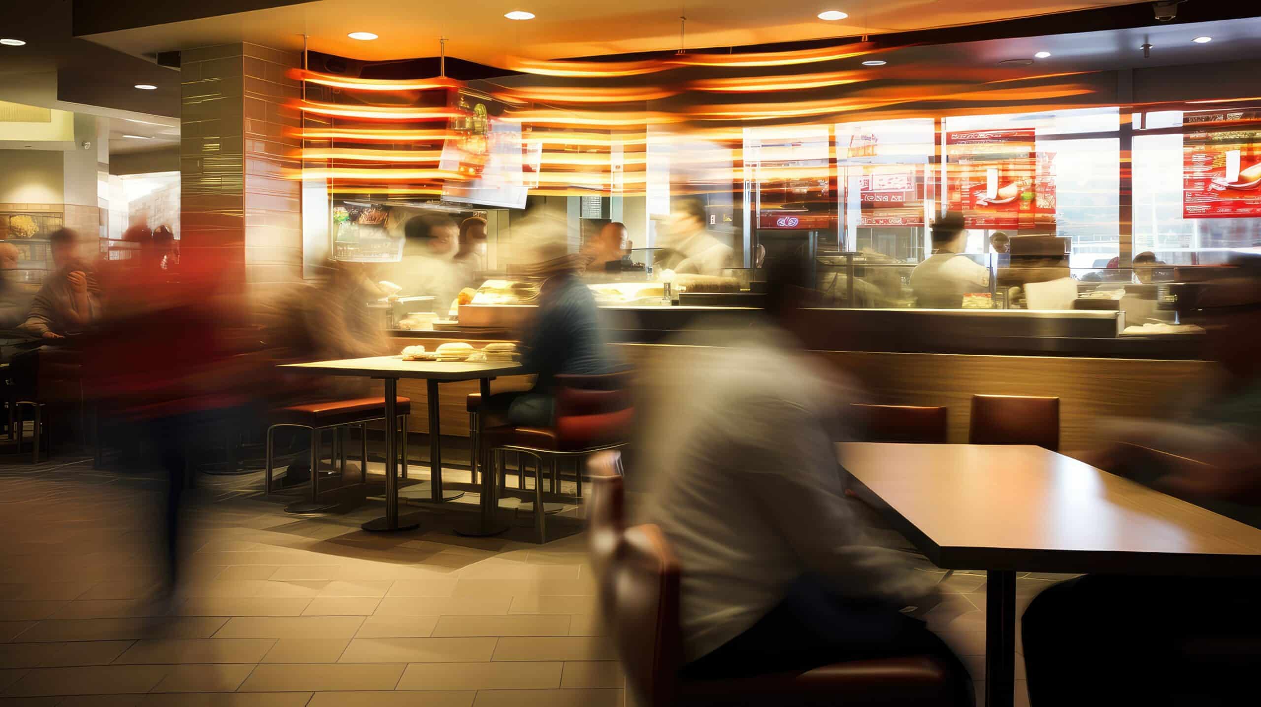 Un restaurante de comida rápida muy concurrido, con gente difuminada sentada y moviéndose por el local, carteles luminosos con el menú al fondo y una iluminación cálida que crea un ambiente animado.