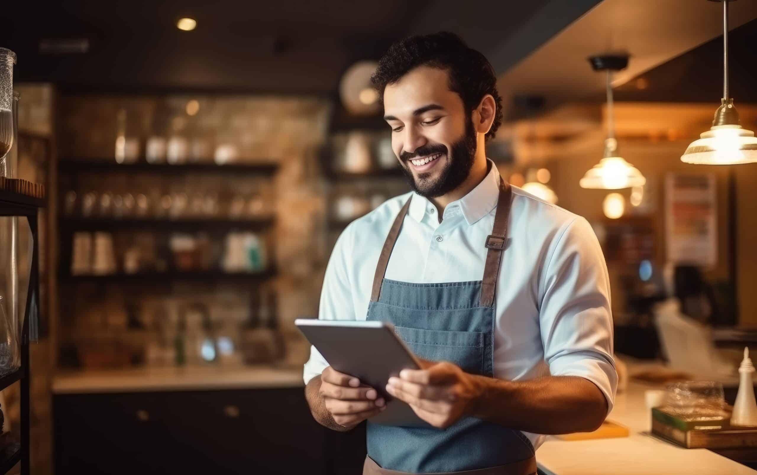 Un barista sonriente, con delantal, está de pie en una acogedora cafetería, sosteniendo una tableta y mirándola. Al fondo se ve una iluminación cálida y estanterías con tarros y tazas.