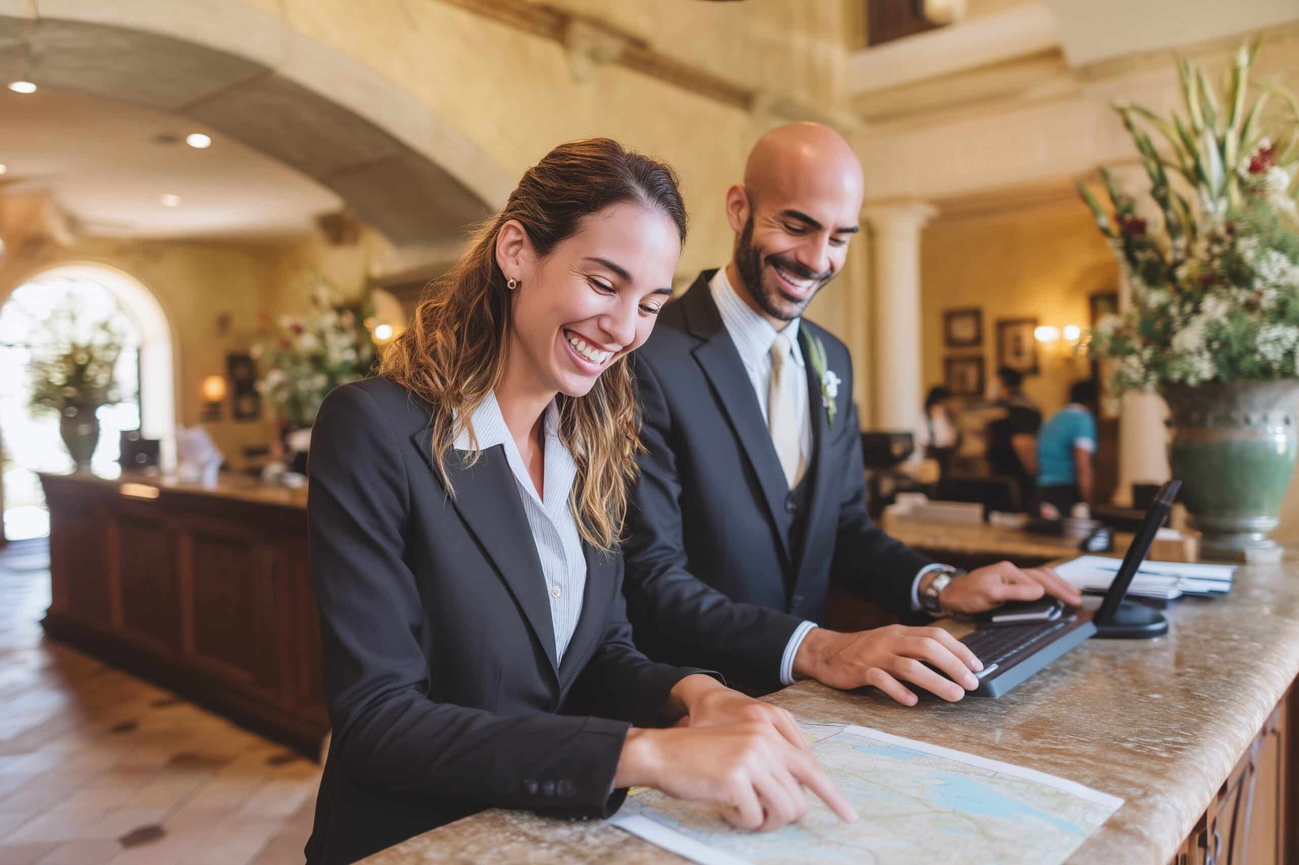 Dos recepcionistas de hotel, vestidos con traje, sonríen mientras uno señala un mapa que hay sobre el mostrador y el otro escribe en un ordenador portátil, en un vestíbulo con una iluminación cálida y una decoración elegante.