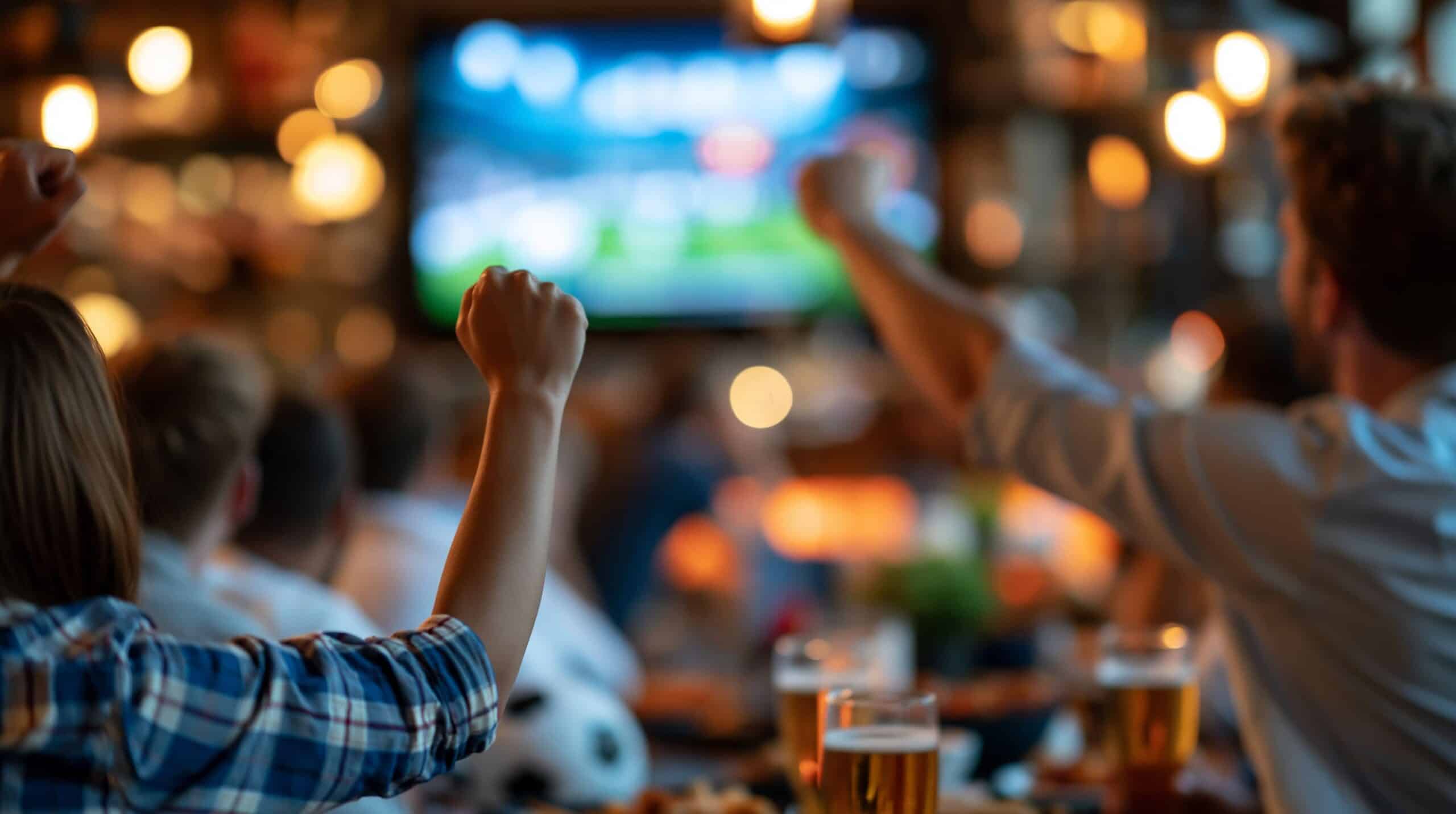 La gente anima con los brazos en alto mientras ve un partido en una pantalla gigante en un animado bar. Hay vasos de cerveza sobre la mesa y el ambiente es festivo y lleno de energía.