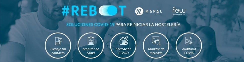 Cartel azul con #REBOOT y «SOLUCIONES COVID-19 PARA REINICIAR LA HOSTELERÍA». Los cinco iconos representan: fichaje sin contacto, seguimiento sanitario, formación sobre la COVID-19, seguimiento del mercado y auditoría de la COVID-19.