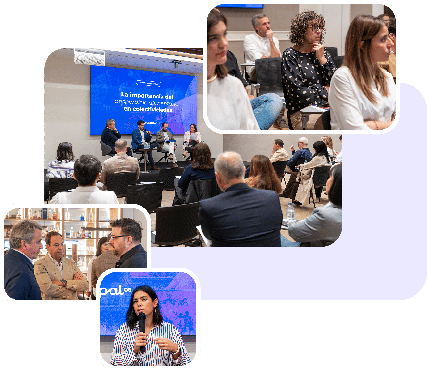 Un collage de cuatro imágenes muestra a personas asistiendo a una conferencia, participando en mesas redondas, escuchando con atención y estableciendo contactos en un entorno profesional.