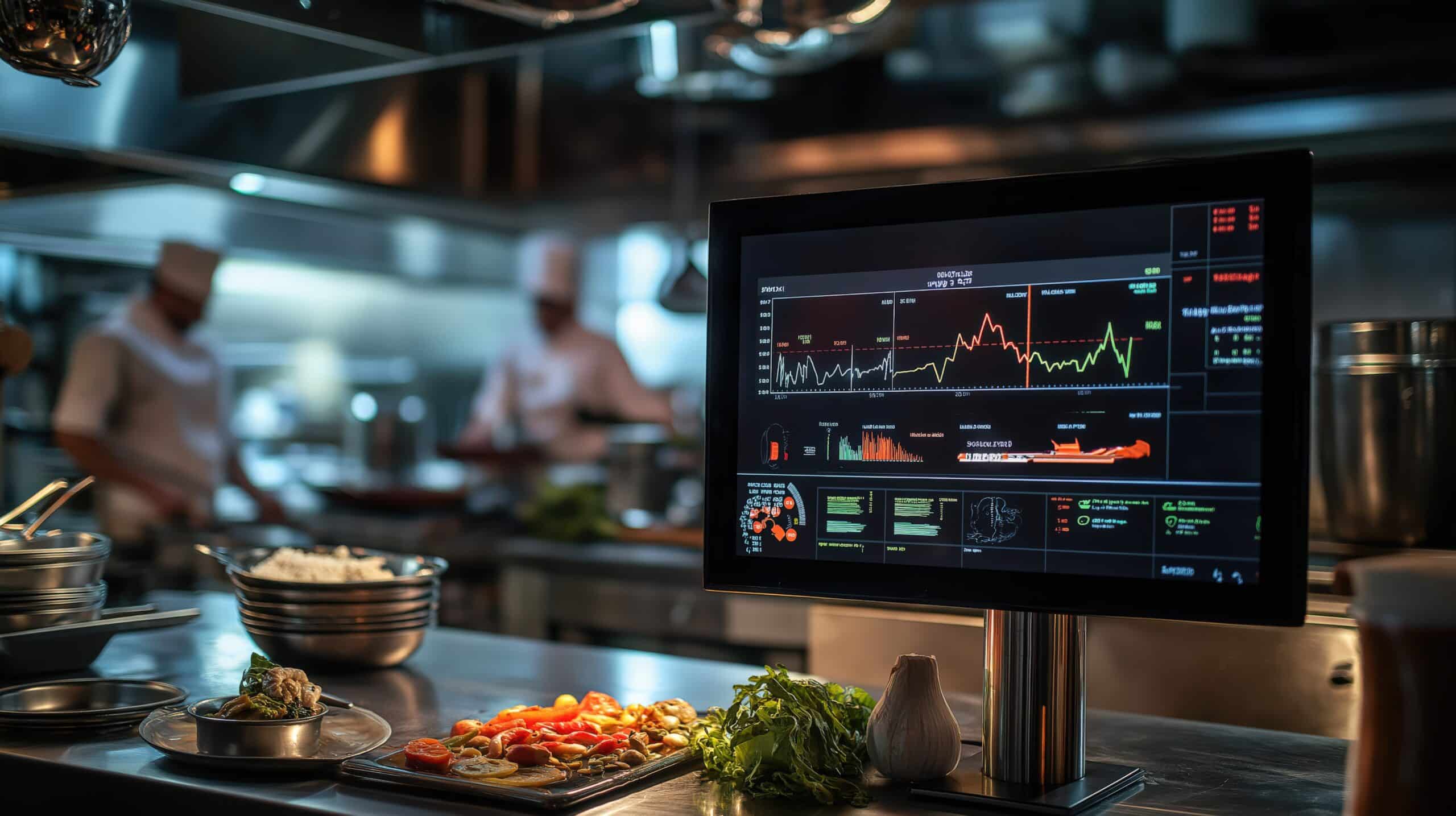 Una cocina con cocineros trabajando al fondo y un monitor en el que se ven gráficos de datos a todo color en primer plano, junto a verduras frescas y hierbas aromáticas sobre la encimera.