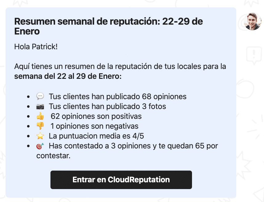 Un recuadro resumen muestra las estadísticas de opiniones correspondientes al periodo del 22 al 29 de enero: 68 opiniones, 3 fotos, 62 positivas, 1 negativa, puntuación media de 4/5, 3 respuestas enviadas y 65 pendientes. Hay un botón que dice «Entrar en CloudReputation...».