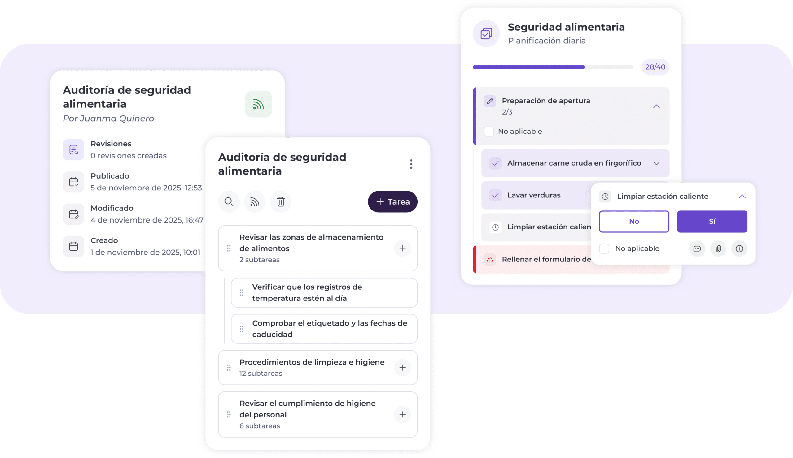 Interfaz de una aplicación de auditoría de seguridad alimentaria con listas de comprobación, tareas y opciones relativas al almacenamiento de alimentos y a las medidas de higiene, que se muestra en las pantallas de móviles y tabletas con una combinación de colores morado y blanco.