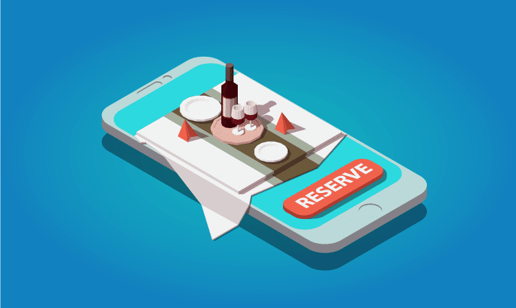 En la pantalla de un smartphone aparece el botón «RESERVAR», junto con la imagen de una mesa de restaurante puesta para dos personas, lo que simboliza las reservas de restaurante por Internet.
