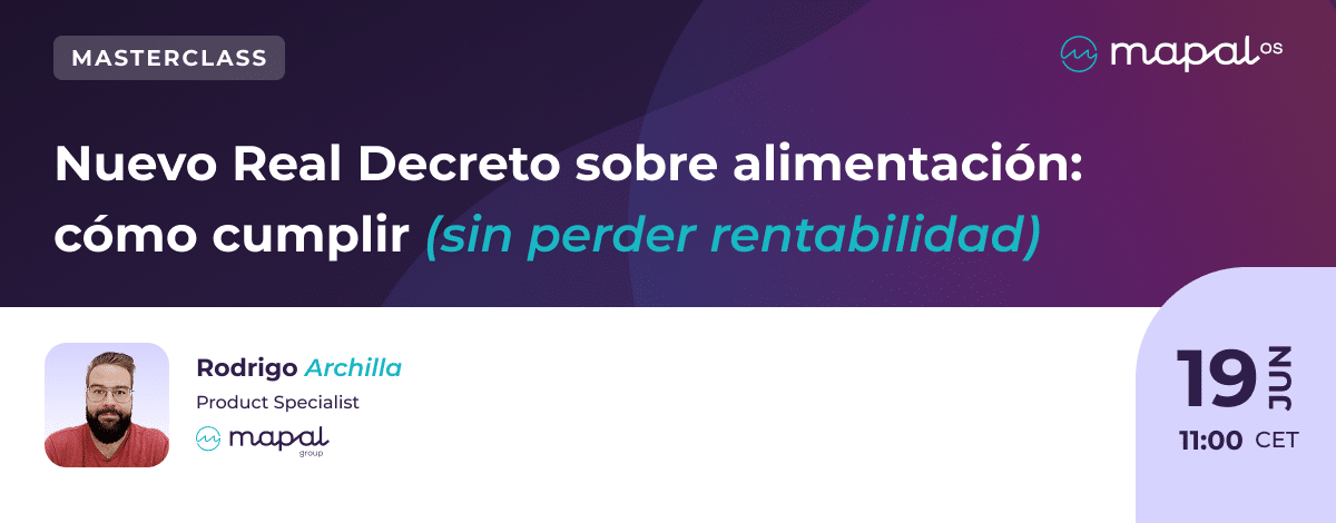 Cartel promocional de una clase magistral sobre el cumplimiento del nuevo decreto español en materia alimentaria, impartida por Rodrigo Archilla, el 19 de junio a las 11:00 CET. El texto y los logotipos de los organizadores aparecen sobre un fondo morado y azul.